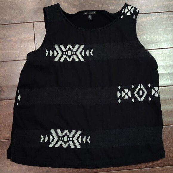Eileen Fisher Black Organic Cotton Tank Top With Aztec Pattern SIZE SMALL - Picture 1 of 6